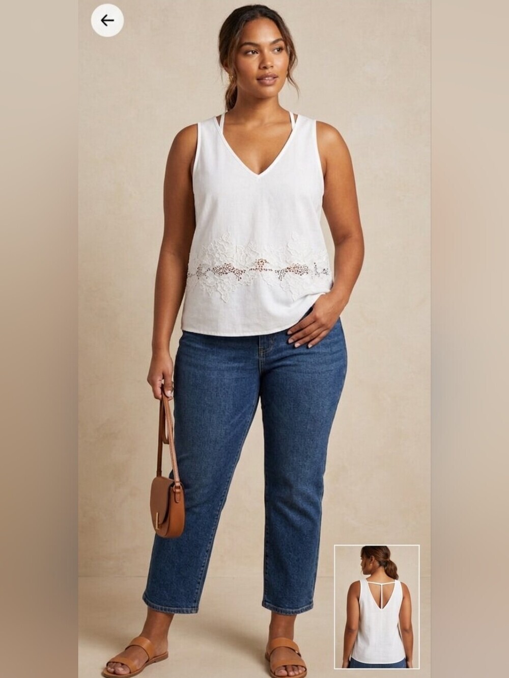 Monteau Cream Sleeveless V-Neck Top with Lace Waist Trim